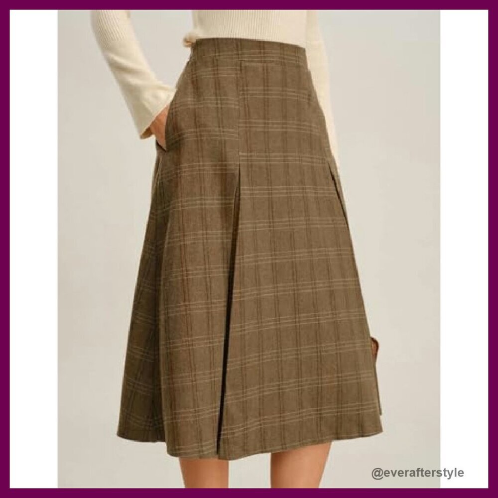 Vintage Plaid A-Line Midi Skirt High Waist Elegant Retro Wool-Blend Pockets - Picture 5 of 6